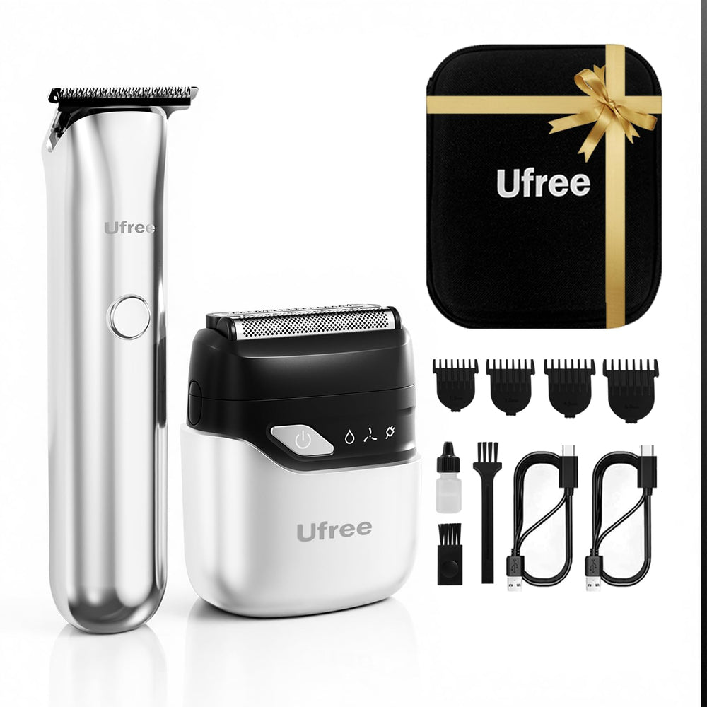 Ufree front view beard trimmer and foil shaver kit for on-the-go grooming convenience.