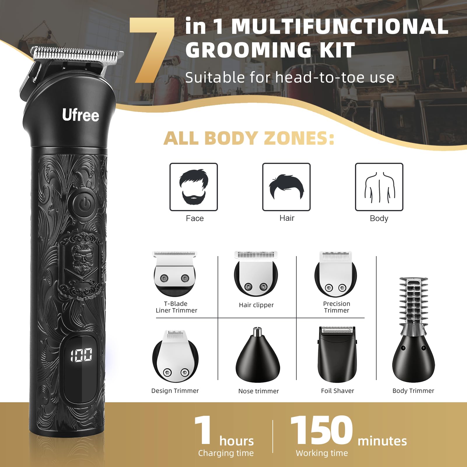 Ufree kit attachments including heads and combs for versatile grooming options