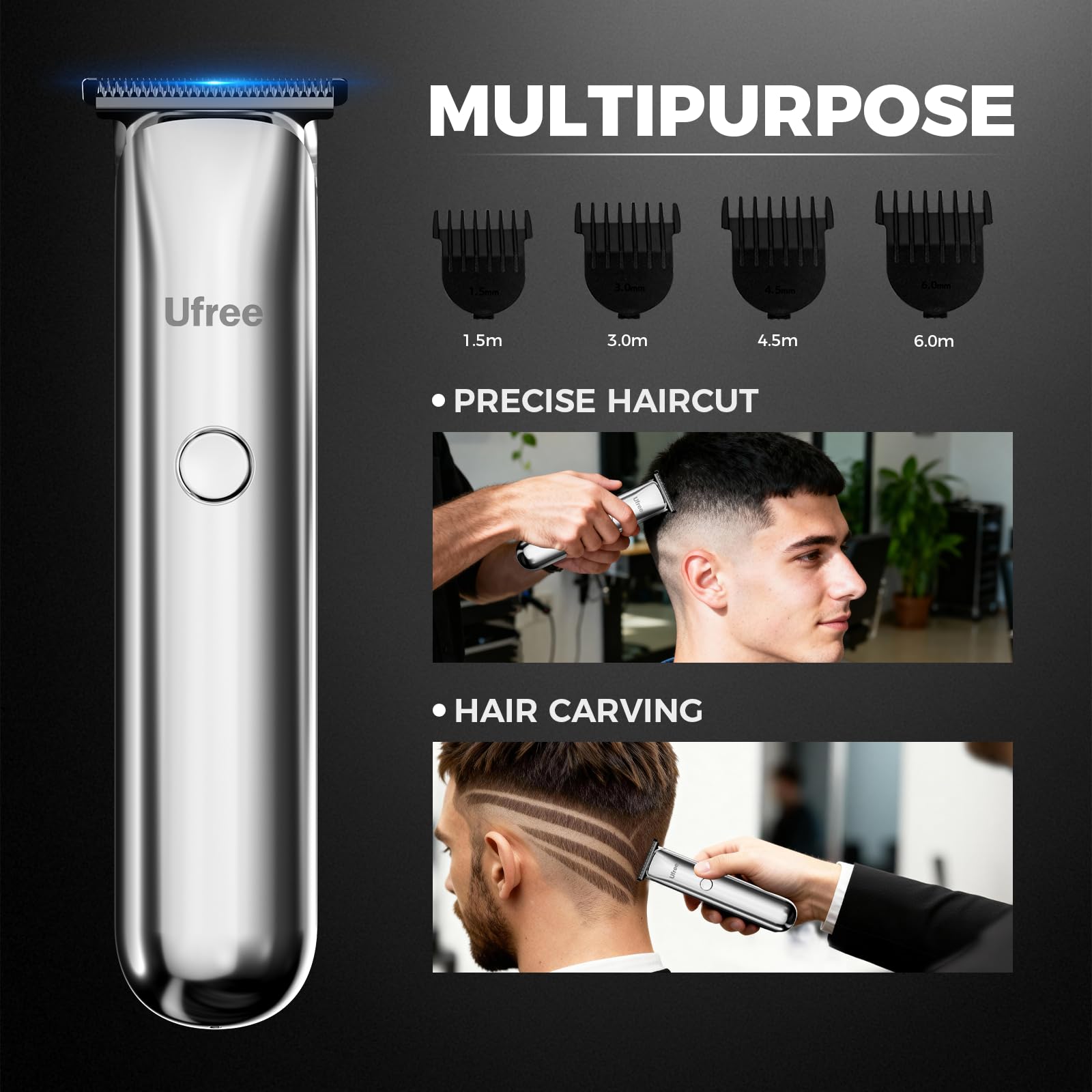 Ufree precision T-blade with 1.5/3/4.5/6mm combs for versatile body and facial grooming.