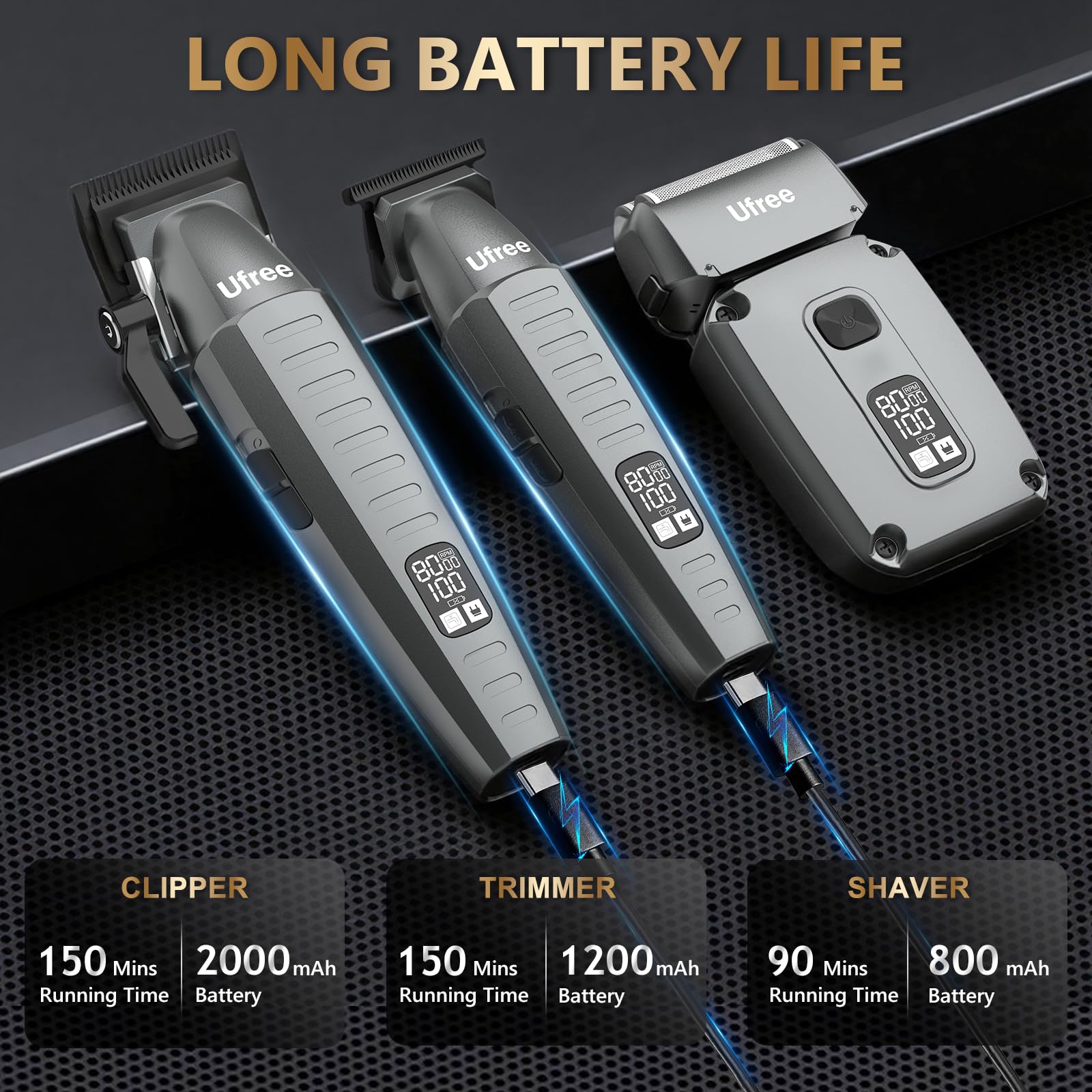 Ufree smart LED display grooming indicates speed battery and oil reminders.