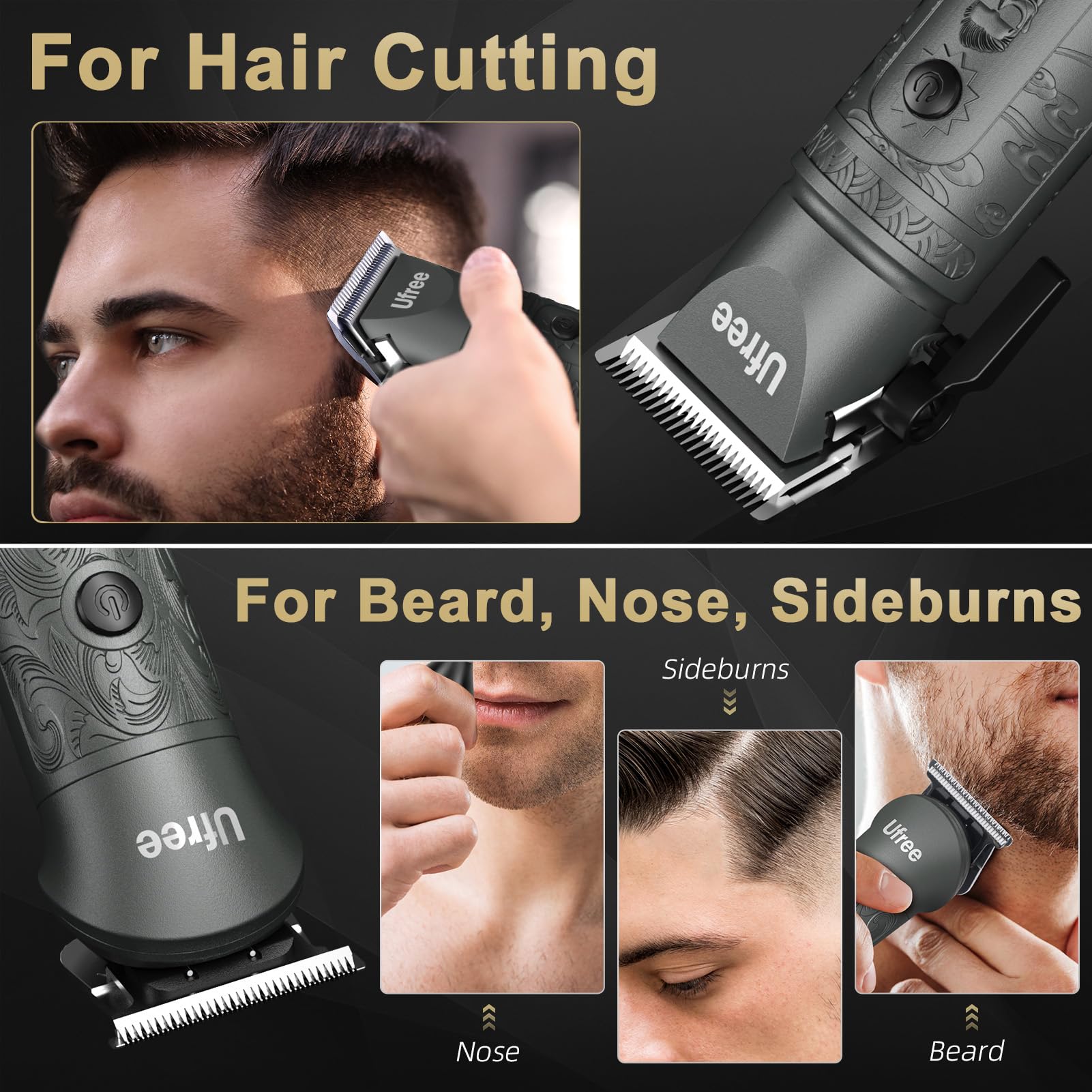 Ufree trimmer with adjustable lever and guide combs ready for precision fades.