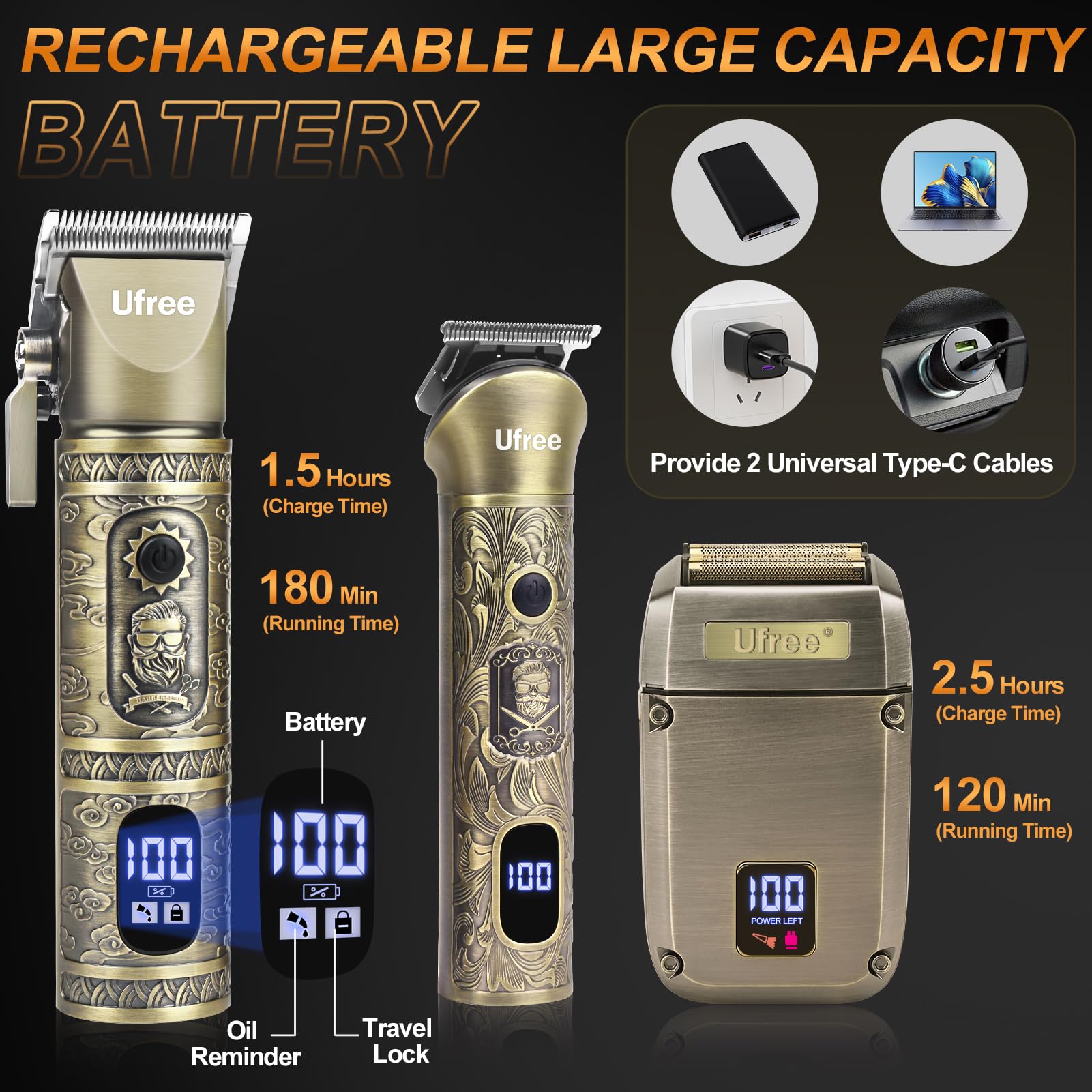 Ufree Type-C charging cables included for flexible power options.