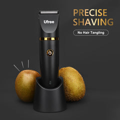 Ufree waterproof body hair trimmer being rinsed for easy cleaning.
