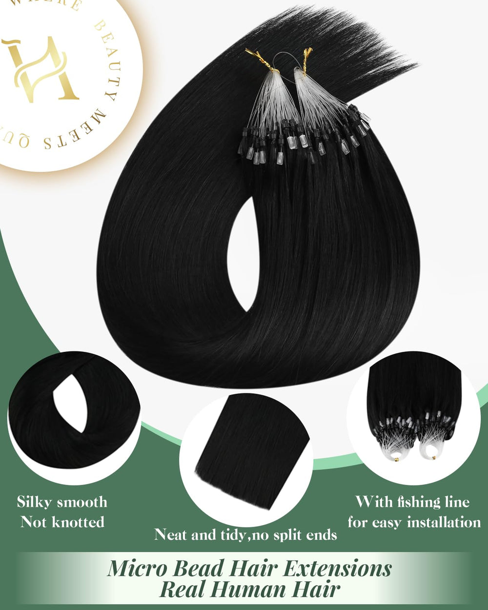 Ugeat Black Microlink extensions cold fusion method demonstrates glue-free attachment.