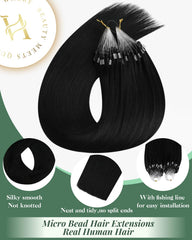 Ugeat Black Microlink extensions cold fusion method demonstrates glue-free attachment.