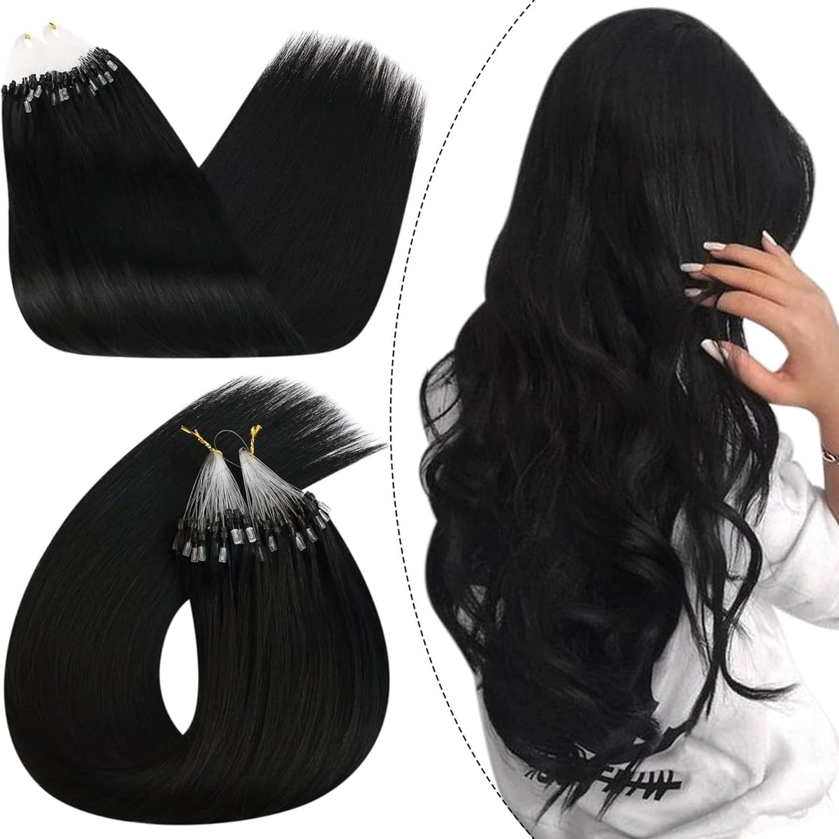 Ugeat micro bead extensions jet black 20 inch close up for natural blending