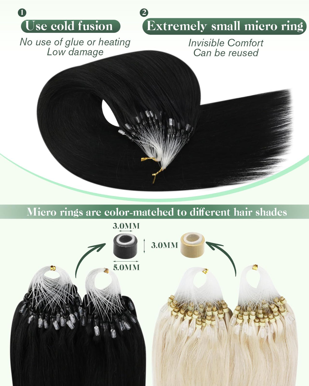 Ugeat remy hair micro link jet black close up for undetectable integration