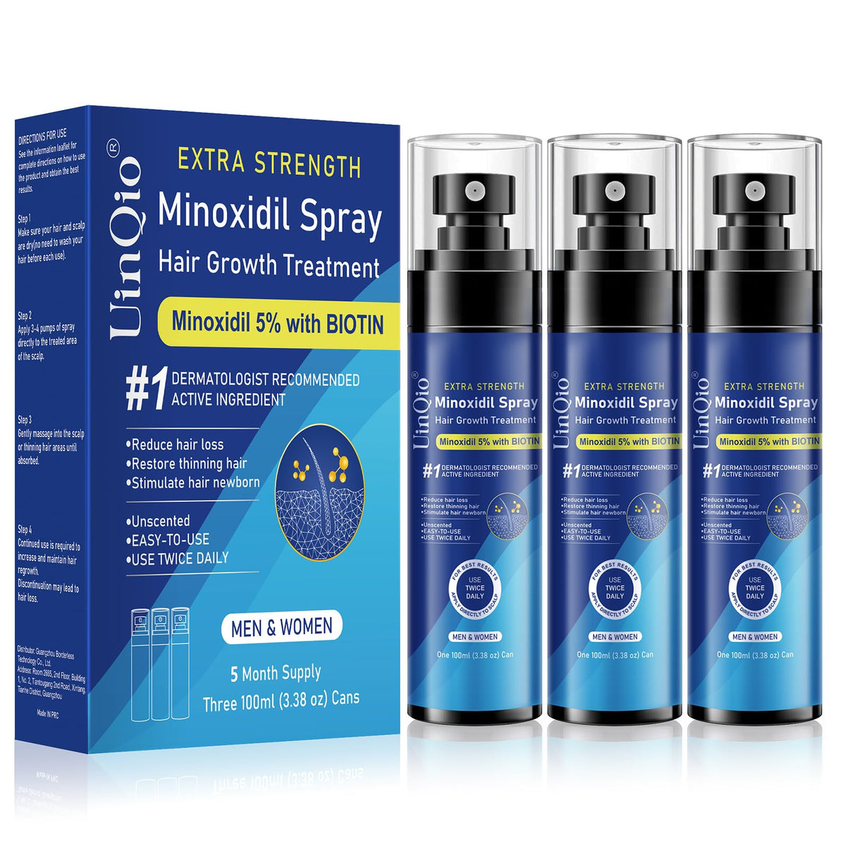 Uinqio Minoxidil Spray bottle for thinning-area application and thicker-looking hair