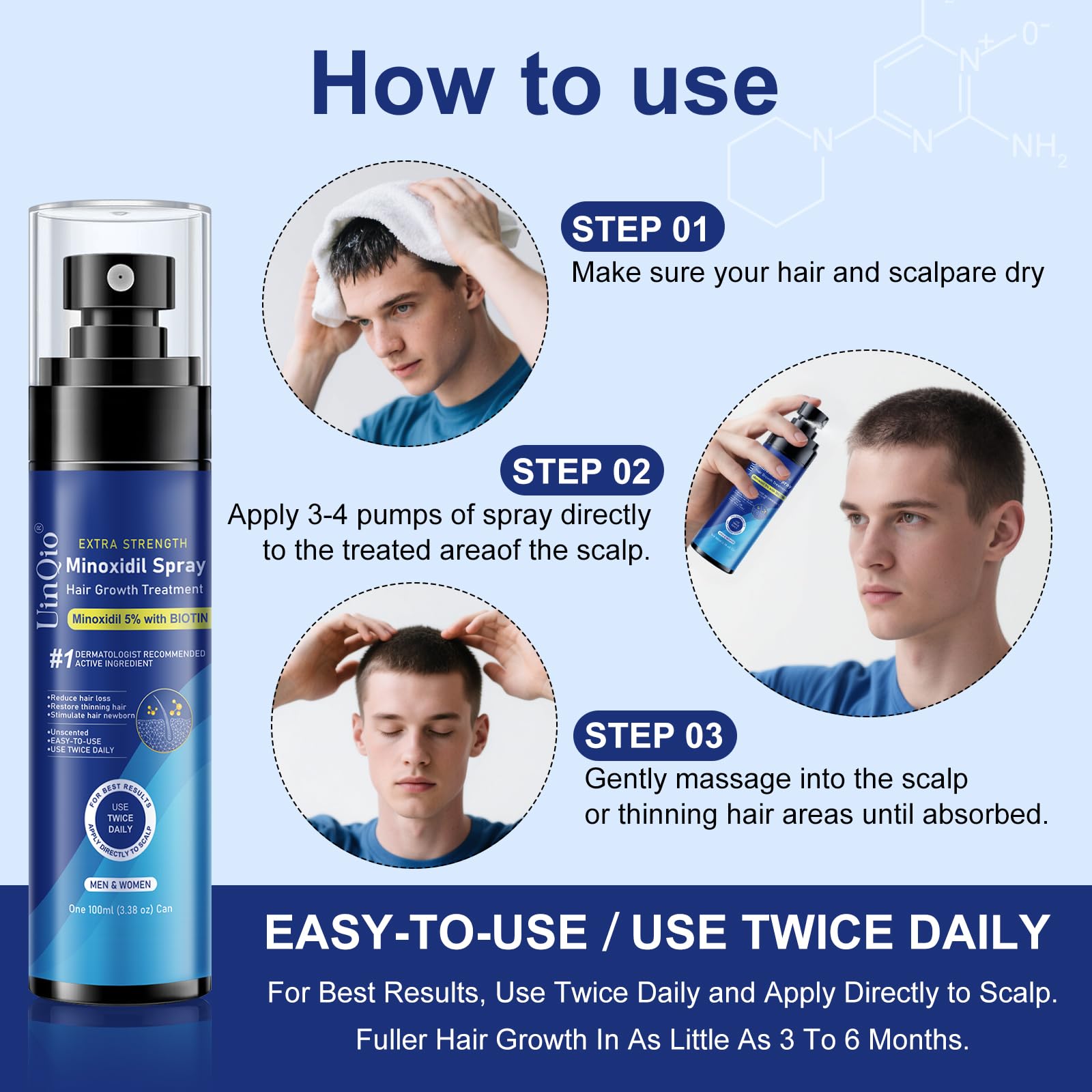 Uinqio Minoxidil Spray closed cap emphasizes travel-friendly bottle