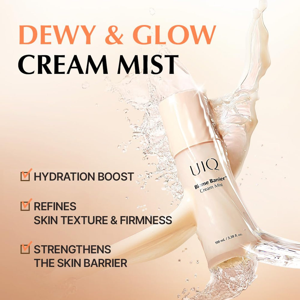 UIQ Biome Barrier Cream Mist bottle closeup highlights gentle, unscented formula for all skin types.