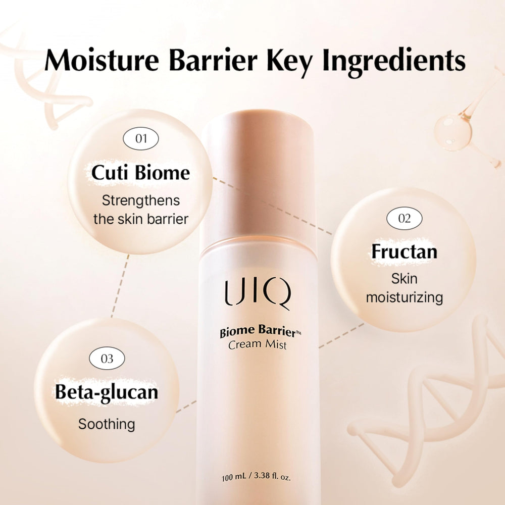 UIQ Biome Barrier Cream Mist packaging emphasizes a user-friendly spray.
