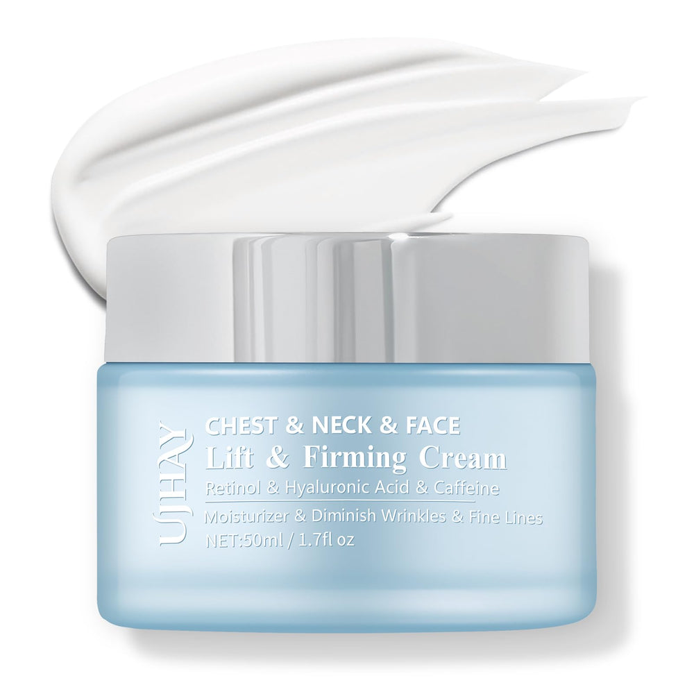 UJhay Retinol Neck Cream bottle close-up for firming hydration and skin refinement.