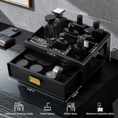 UJQSUN bathroom countertop organizer shows off grooming essentials in black and gold.