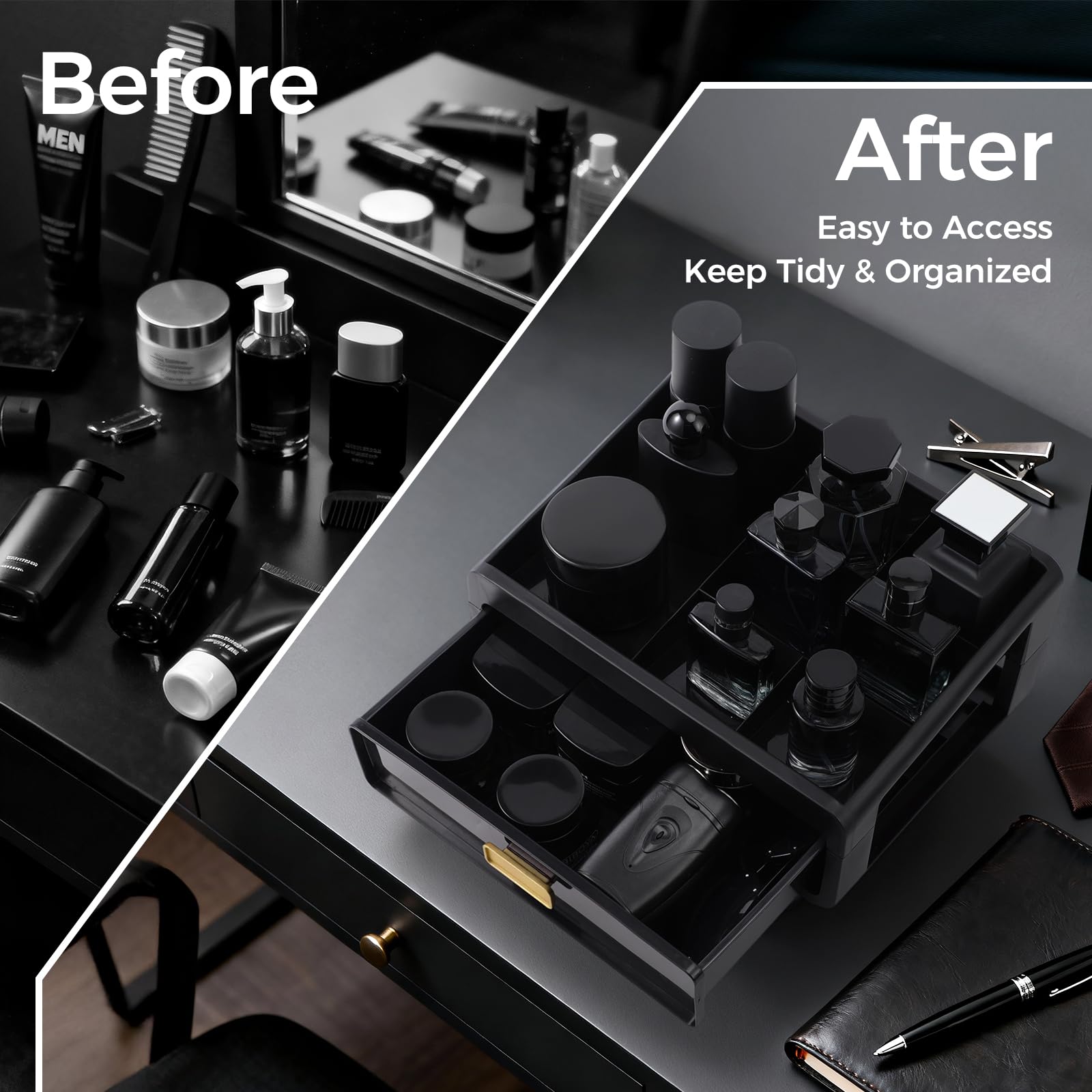 UJQSUN dresser organizer keeps watches and bottles neatly arranged.