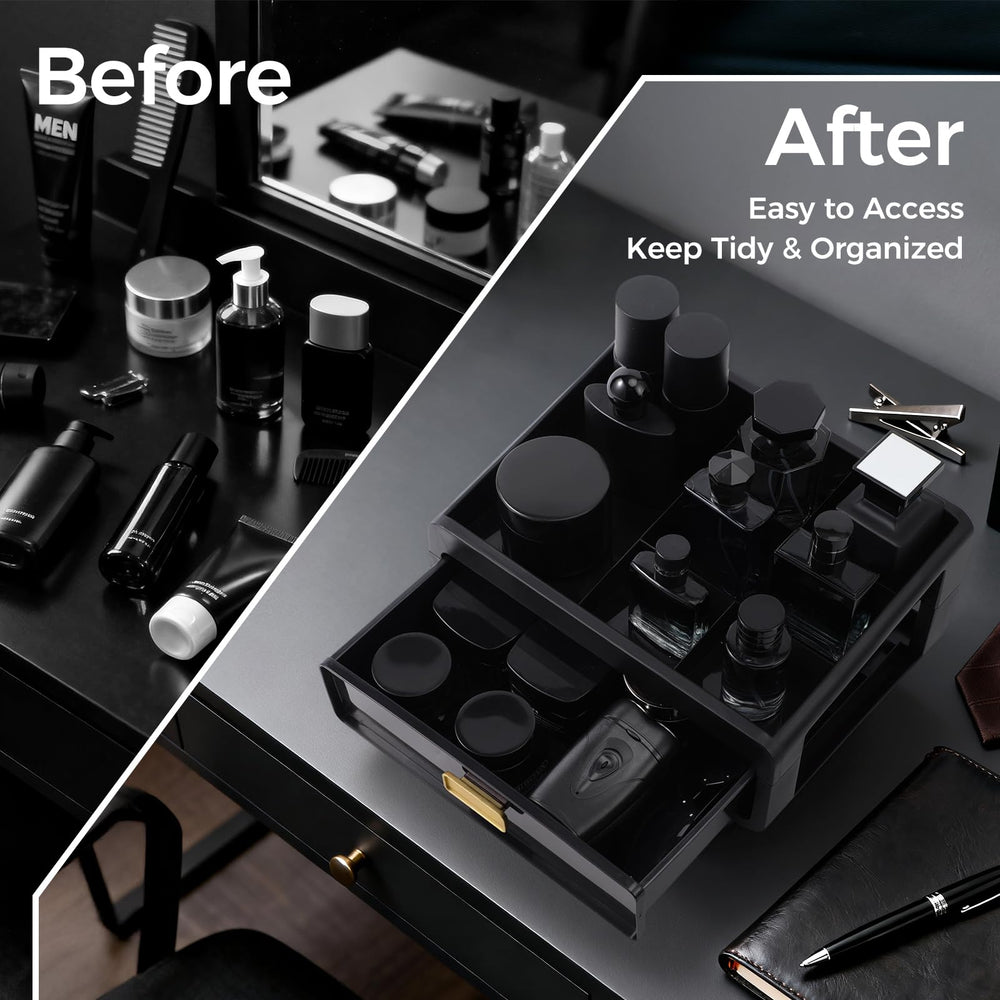 UJQSUN dresser organizer keeps watches and bottles neatly arranged.