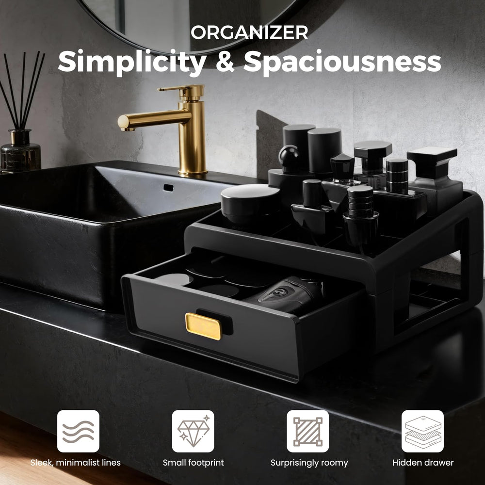 UJQSUN perfume tray with black finish and gold handle for elegant storage.