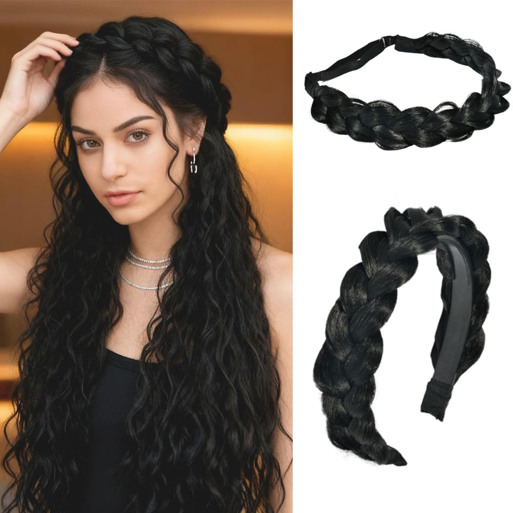 Ukithairtinsel braided headbands pack 2pcs in black for versatile daily wear.