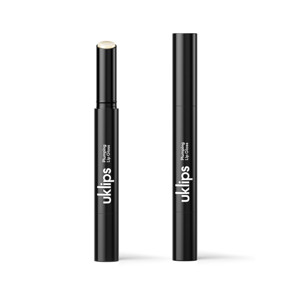 UKLASH clear plumping lip gloss front view showing sleek tube and clicker, boosts hydrated, fuller lips