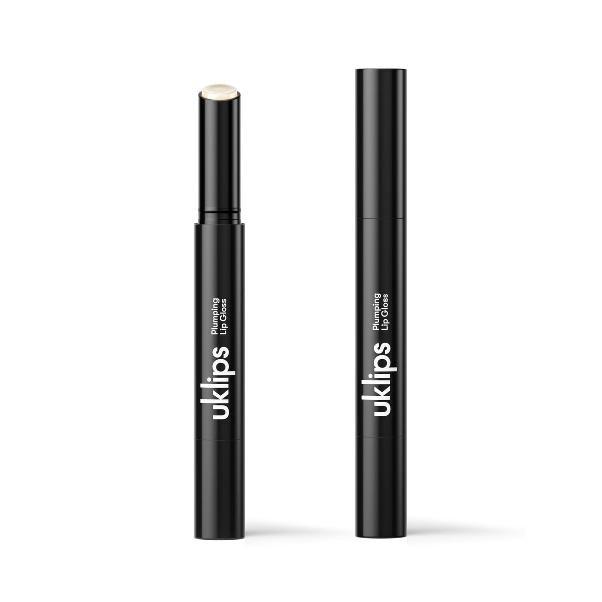 UKLASH clear plumping lip gloss front view showing sleek tube and clicker, boosts hydrated, fuller lips