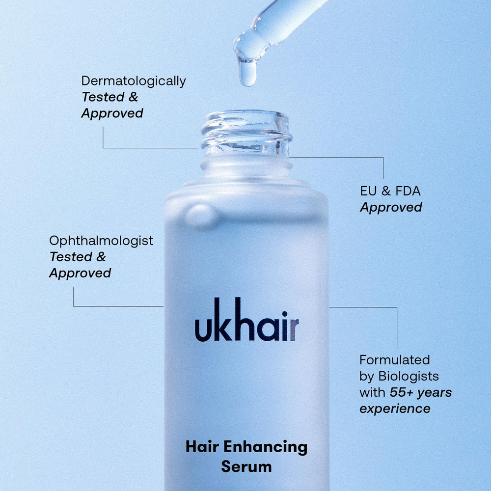 UKLASH bottle in hand showing 1.7 oz scale, communicates compact travel-friendly size