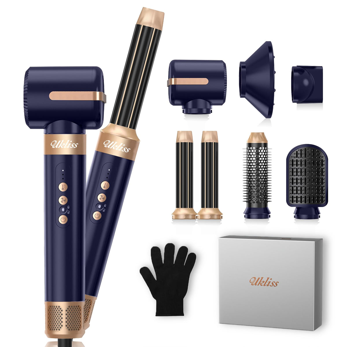 UKLISS hair dryer brush 7in1 in blue-gold for fast salon-quality styling at home