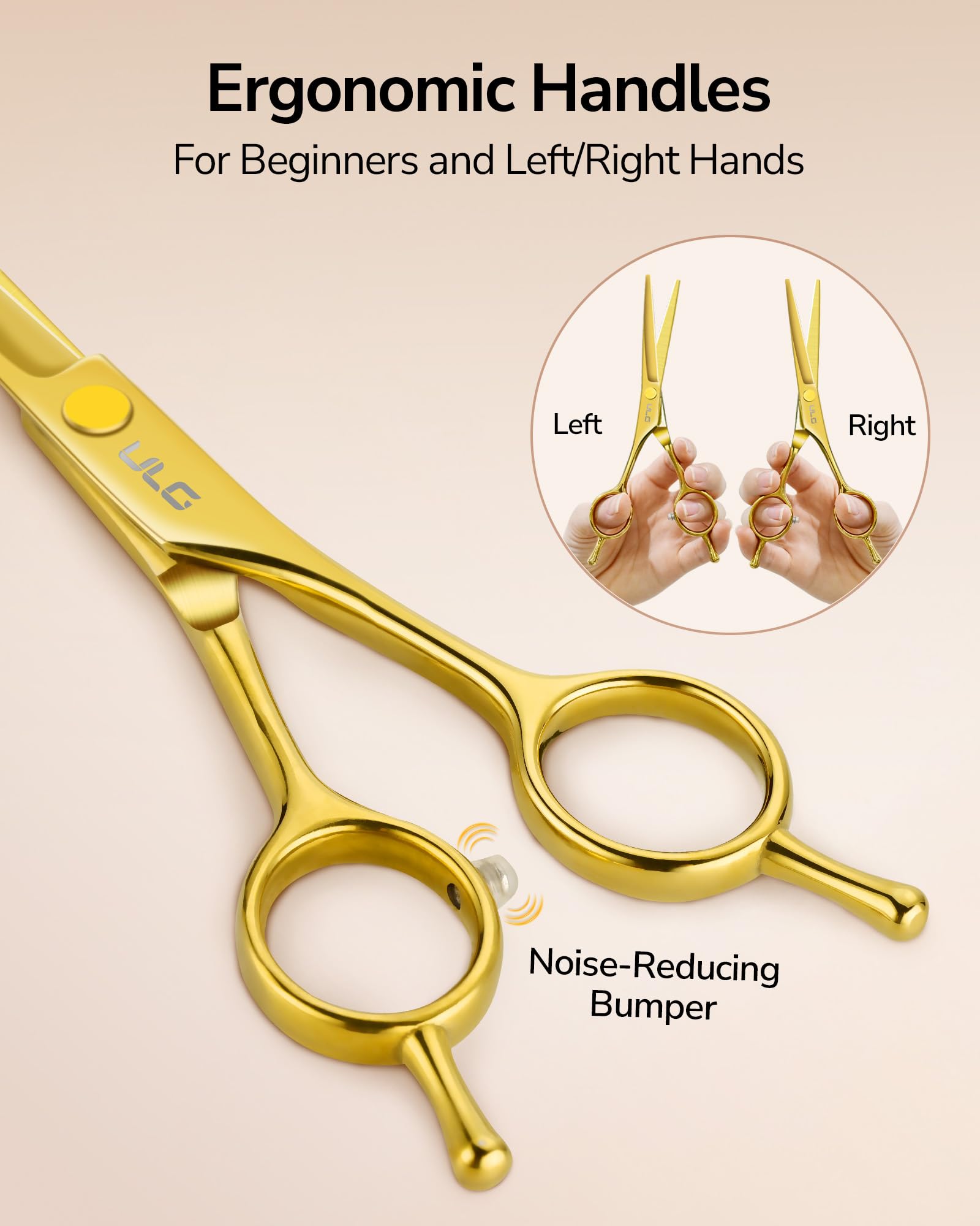 ULG barber scissors ergonomic handle shown in use for comfortable cutting