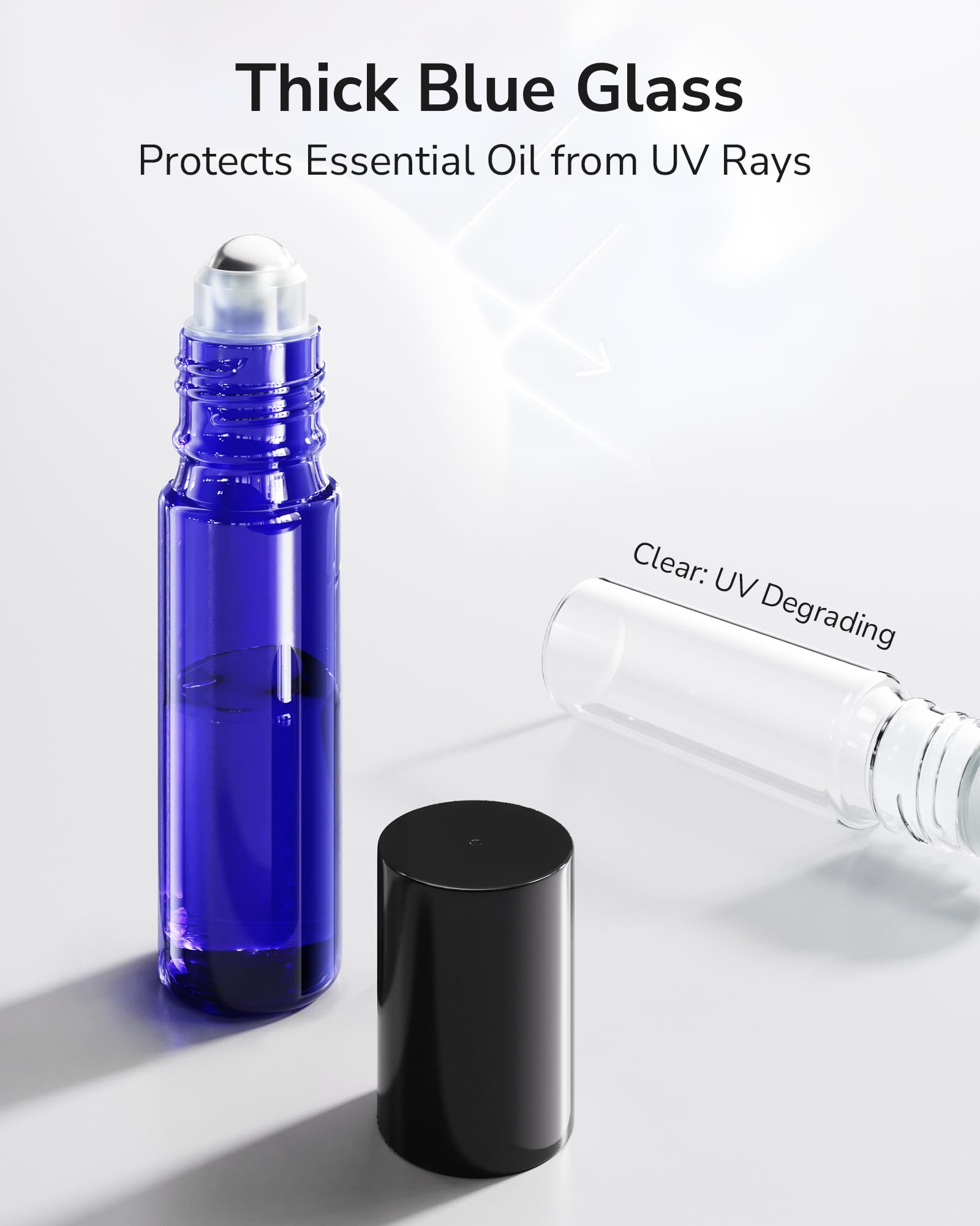 ULG 10ml cobalt blue glass bottle showing UV protection and color