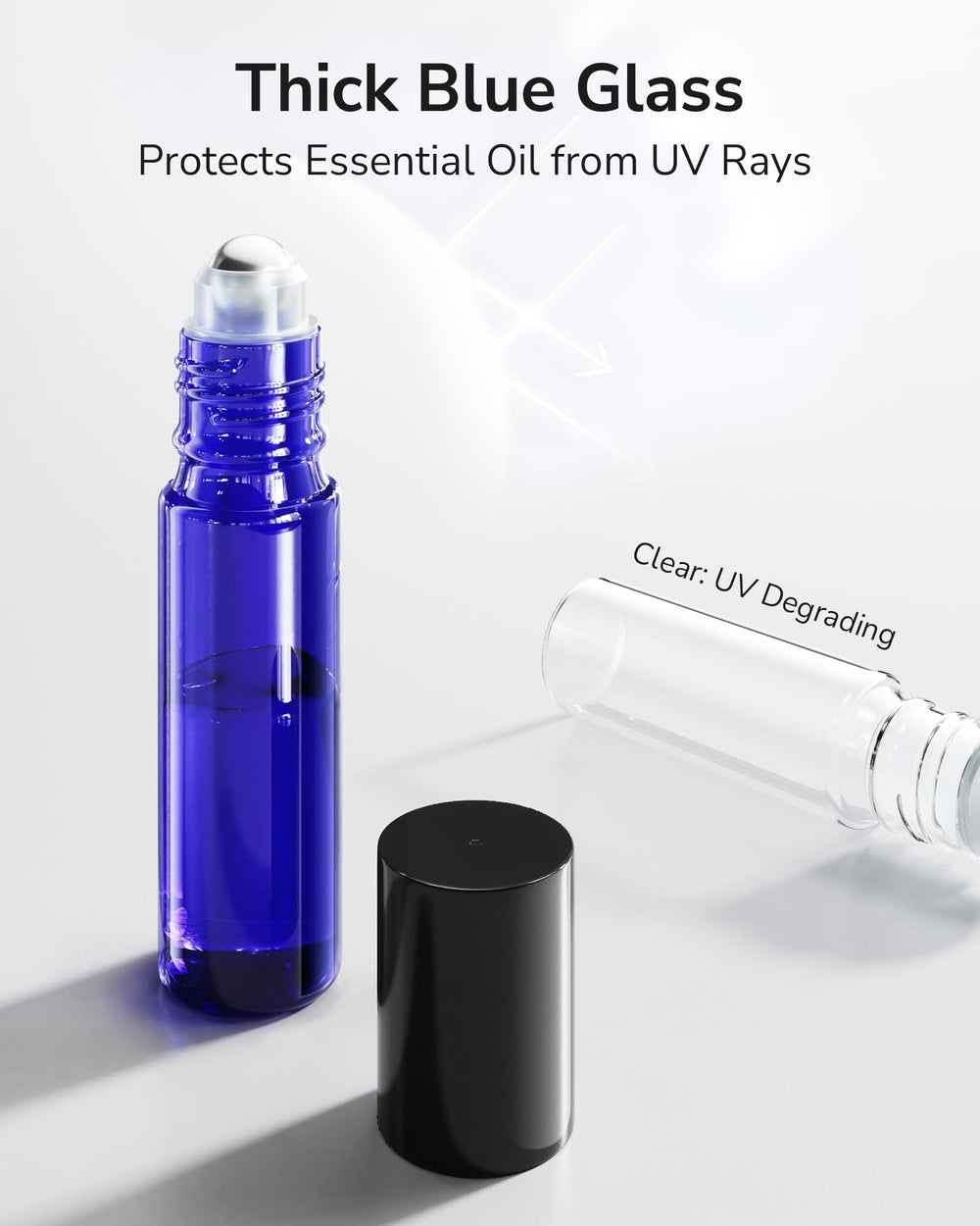 ULG 10ml cobalt blue glass bottle showing UV protection and color