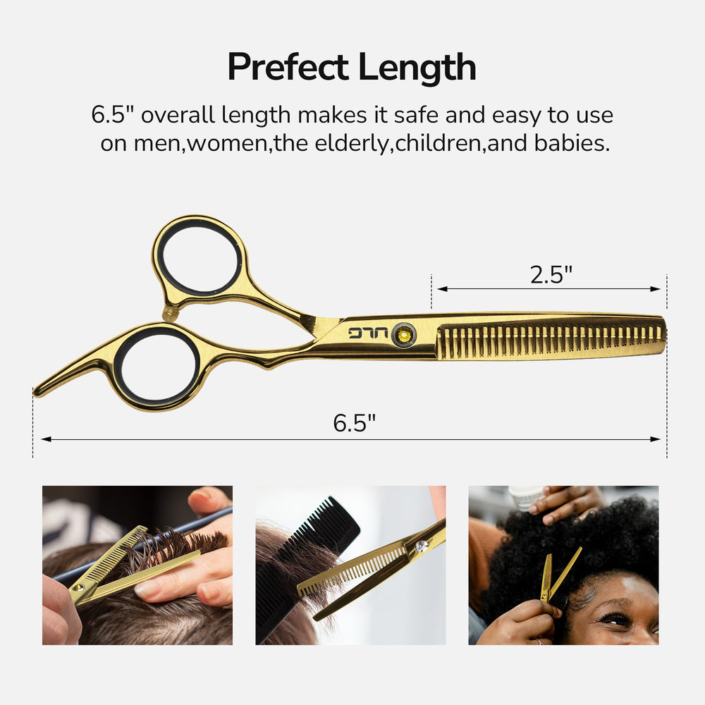 ULG hair cutting scissors gold blade close-up shows sharp, clean trimming.