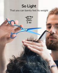 ULG navy scissors with mirror finish highlighted for premium styling tool.