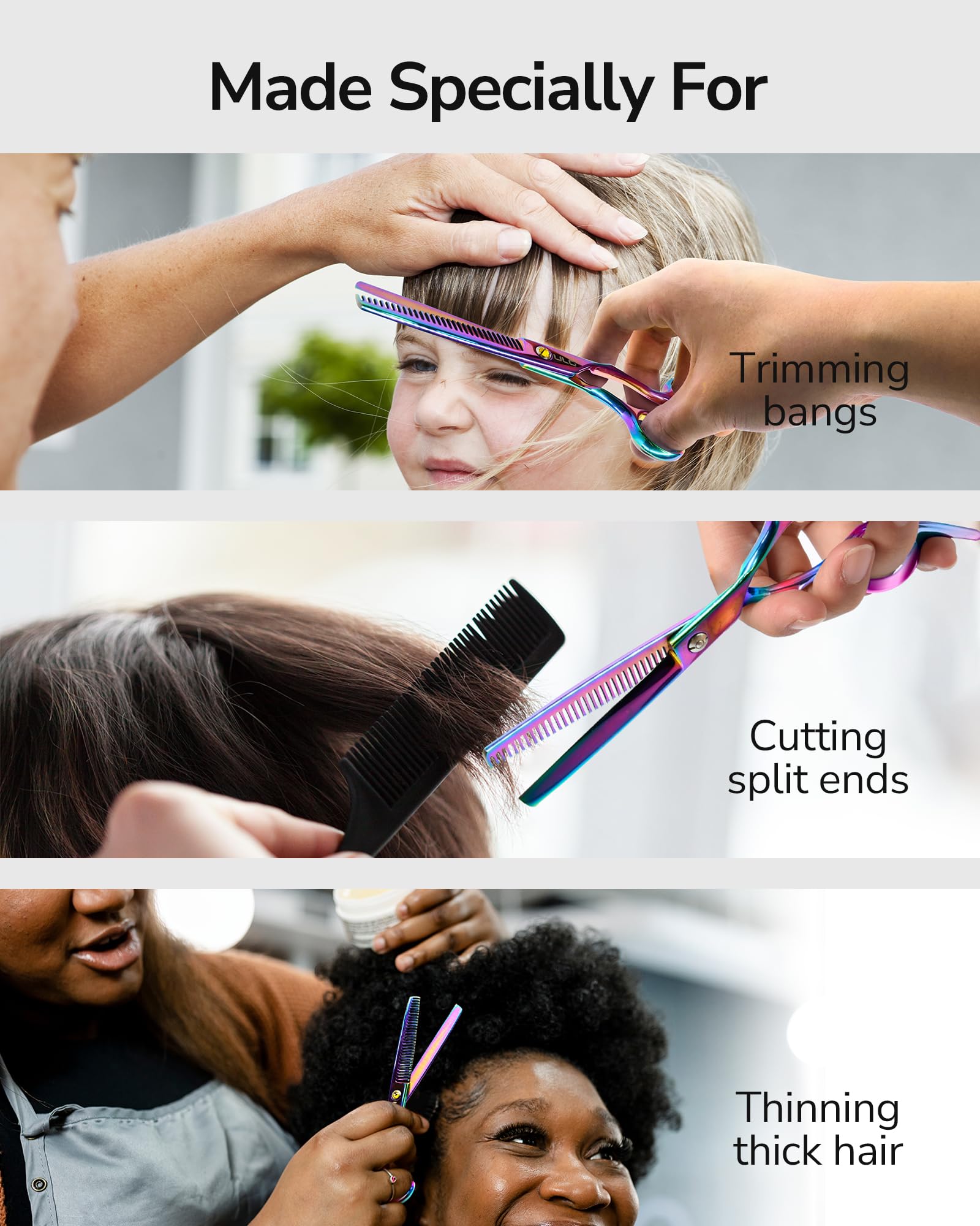 ULG thinning scissors include removable rubber inserts for customized thumb sizing.