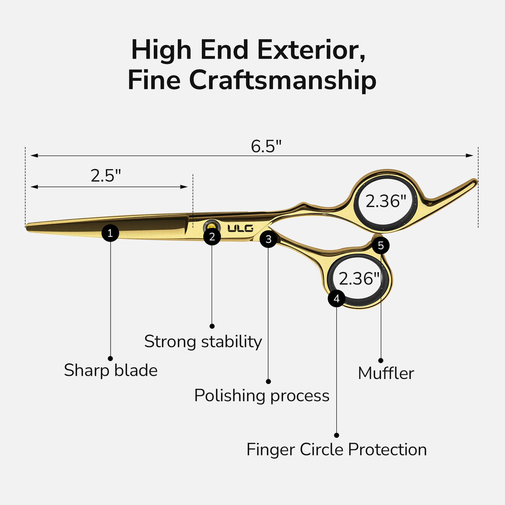 ULG kit shows cutting scissors and thinning shears in gold for professional readiness.