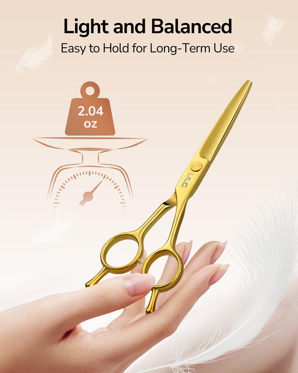 ULG lightweight 2.06oz hair scissors reduce wrist fatigue during extended sessions.