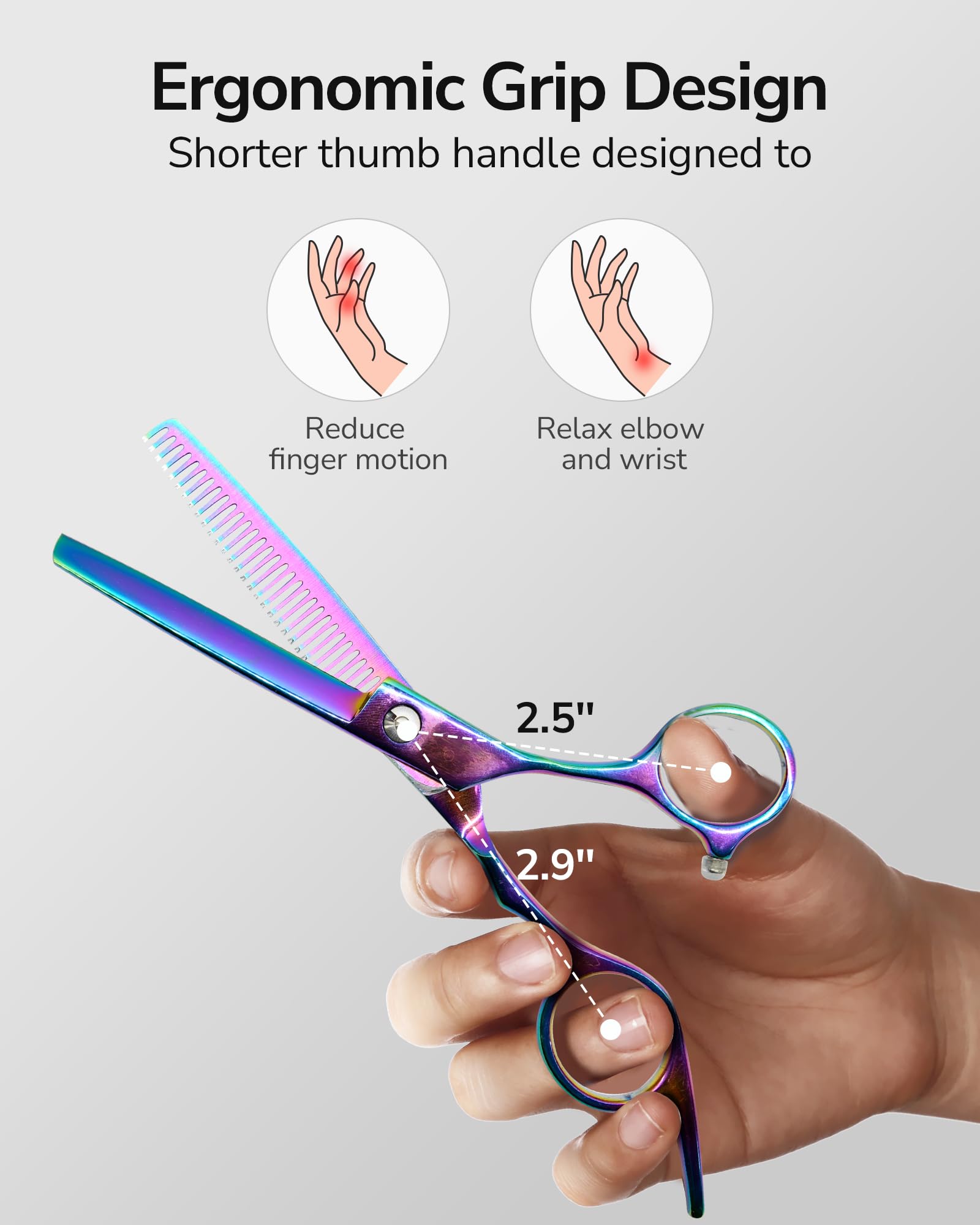 ULG off-set grip hair scissors reduce wrist strain during long sessions.