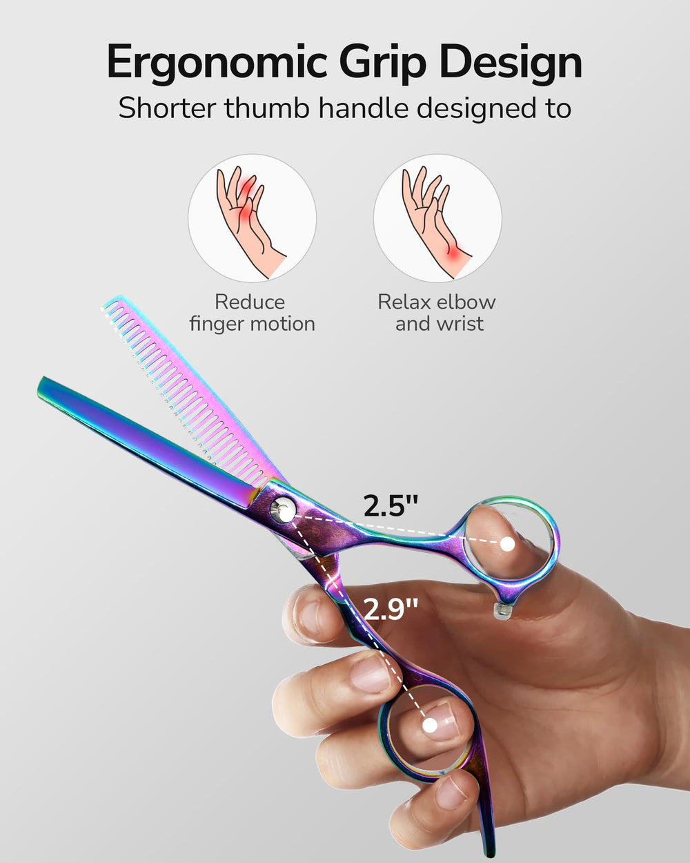 ULG off-set grip hair scissors reduce wrist strain during long sessions.