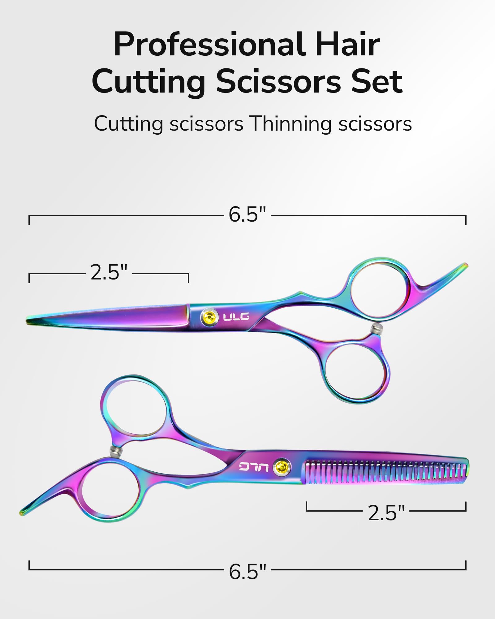 ULG hair scissors highlight blue diamond stones for precise cuts and premium feel.