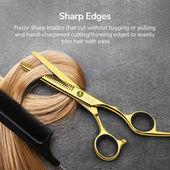 ULG thinning shears gold ergonomic offset grip close-up.