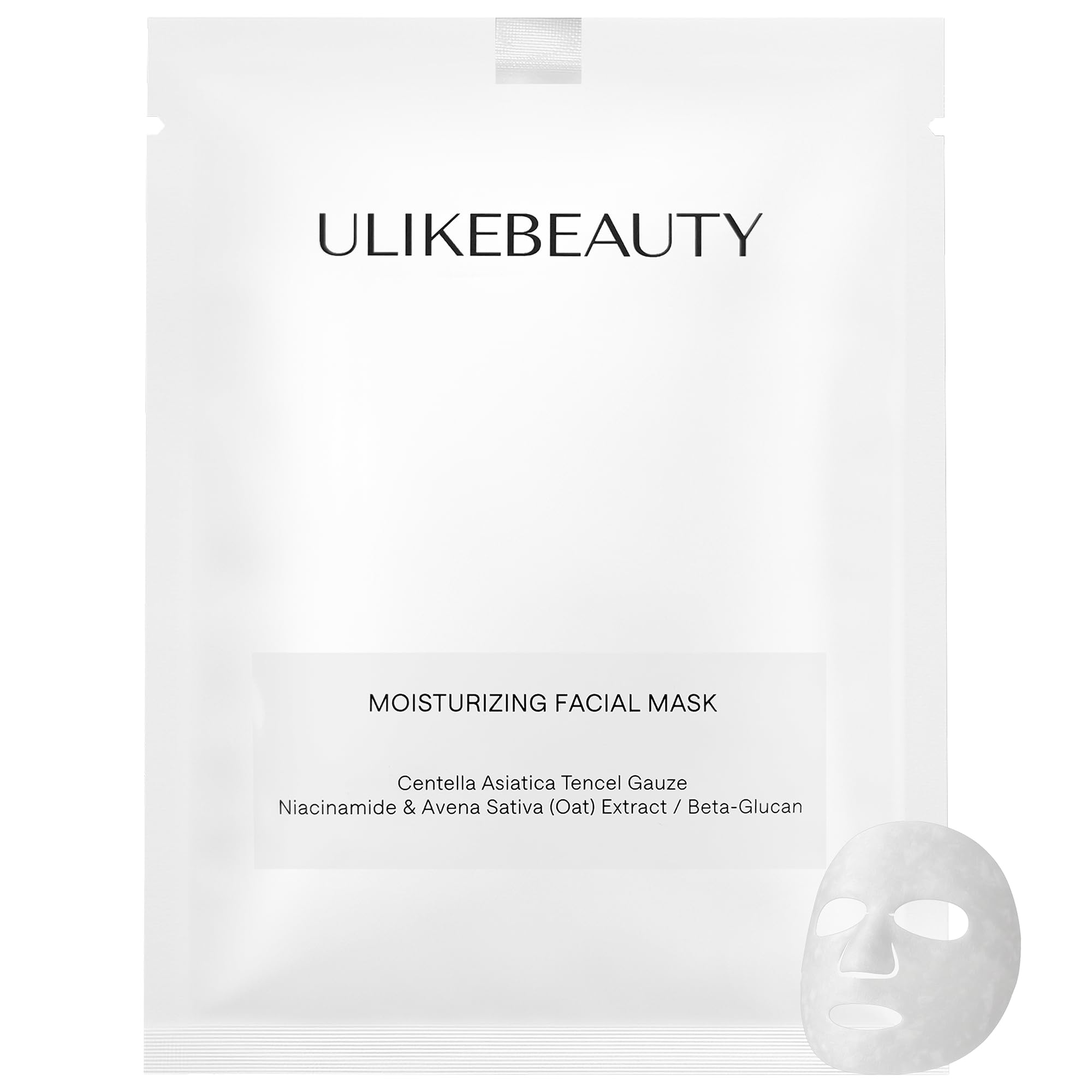 Ulikebeauty moisturizing facial mask close-up showing Centella Asiatica for calmer skin.