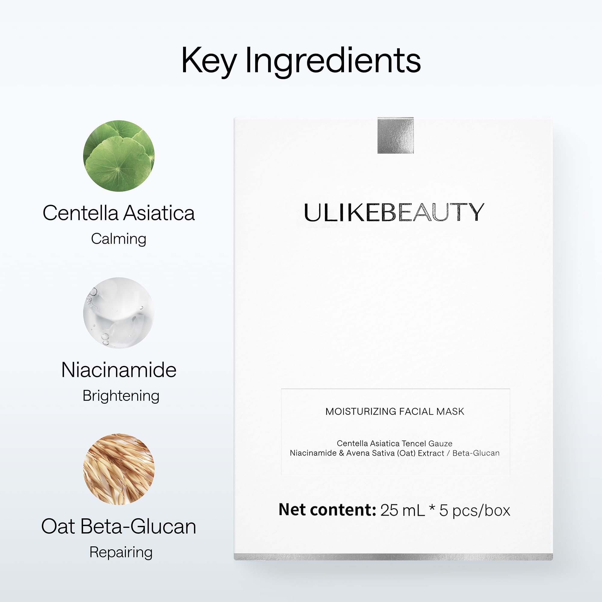 Ulikebeauty moisturizing facial mask packaging image highlighting gentle formula for sensitive skin.