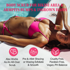 ulluxe bikini area exfoliator jar close-up showing peach scent