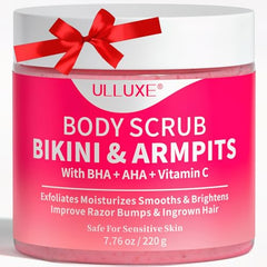 ulluxe bikini area exfoliator packaging close-up for sensitive skin