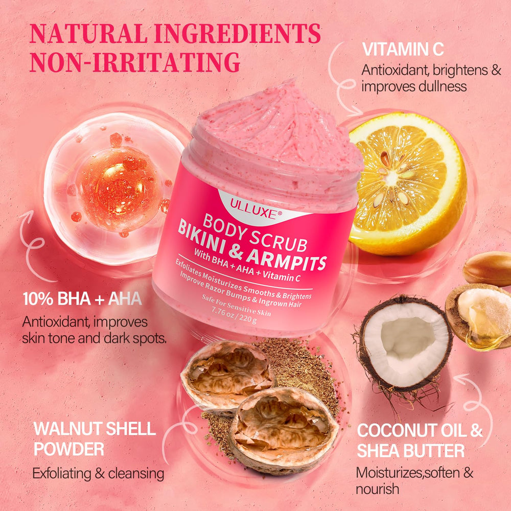 ulluxe bikini area exfoliator peach scent close-up
