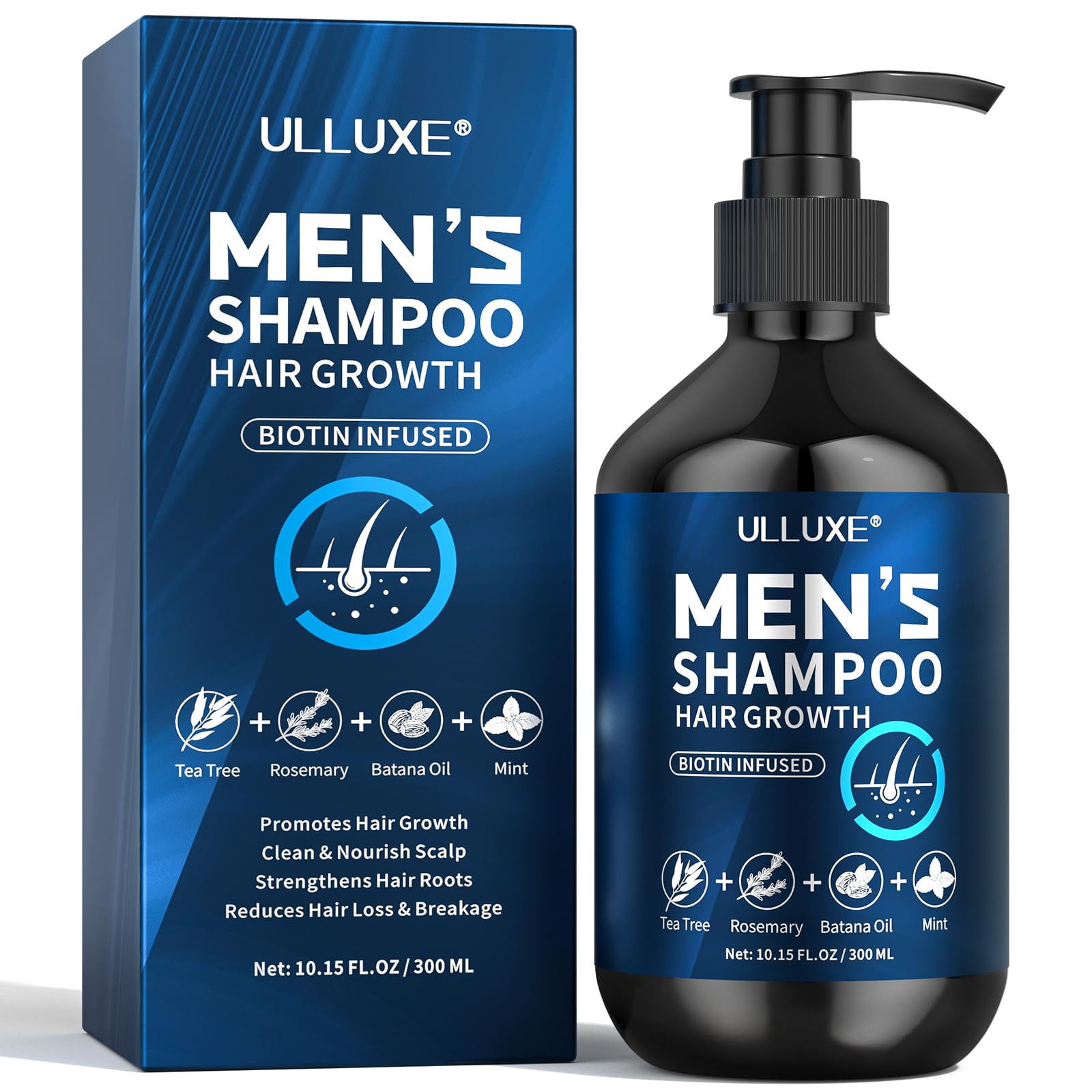 Ulluxe Biotin Hair Growth Shampoo bottle front emphasizes sulfate-free, color-safe daily use for men