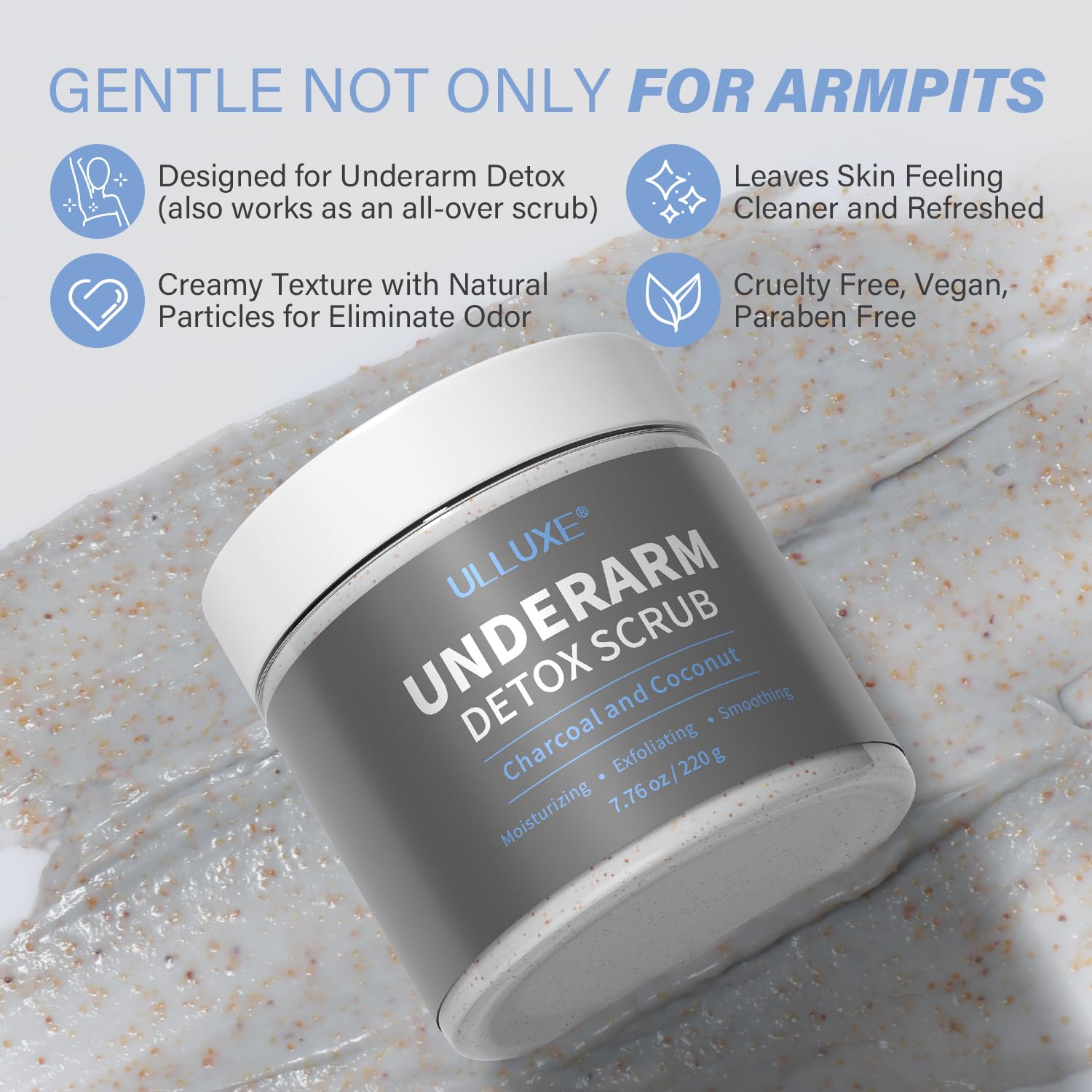 ulluxe Charcoal Underarm Scrub jar closeup with creamy texture for gentle exfoliation.