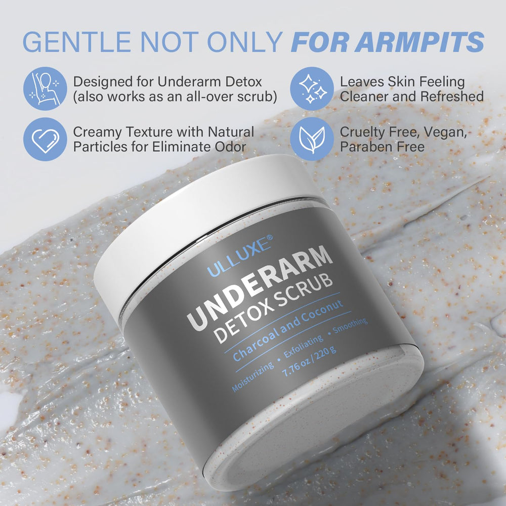 ulluxe Charcoal Underarm Scrub jar closeup with creamy texture for gentle exfoliation.