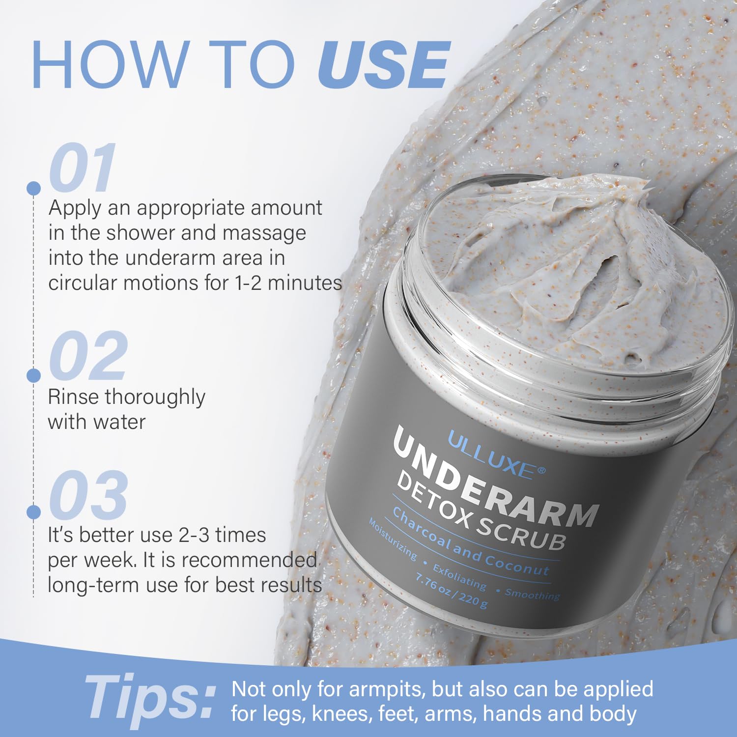 ulluxe Charcoal Underarm Scrub lathering in shower as part of daily routine.