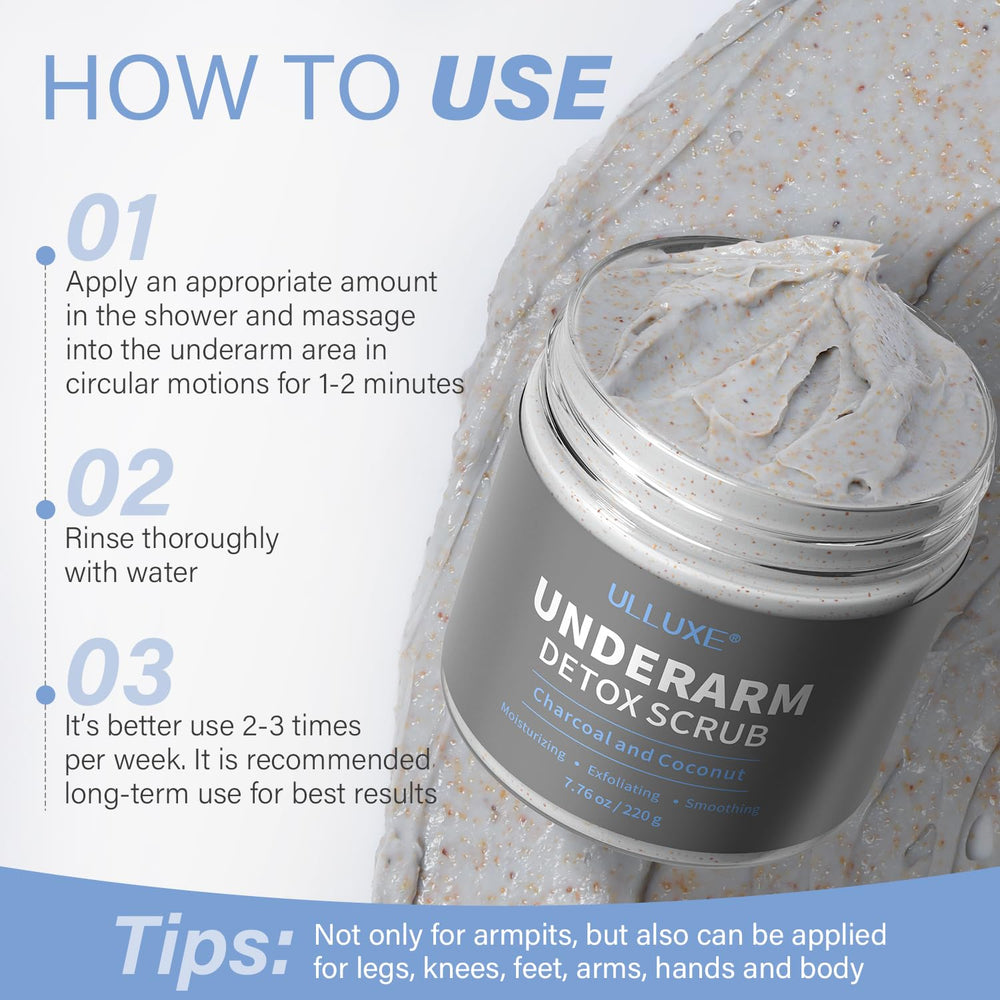 ulluxe Charcoal Underarm Scrub lathering in shower as part of daily routine.