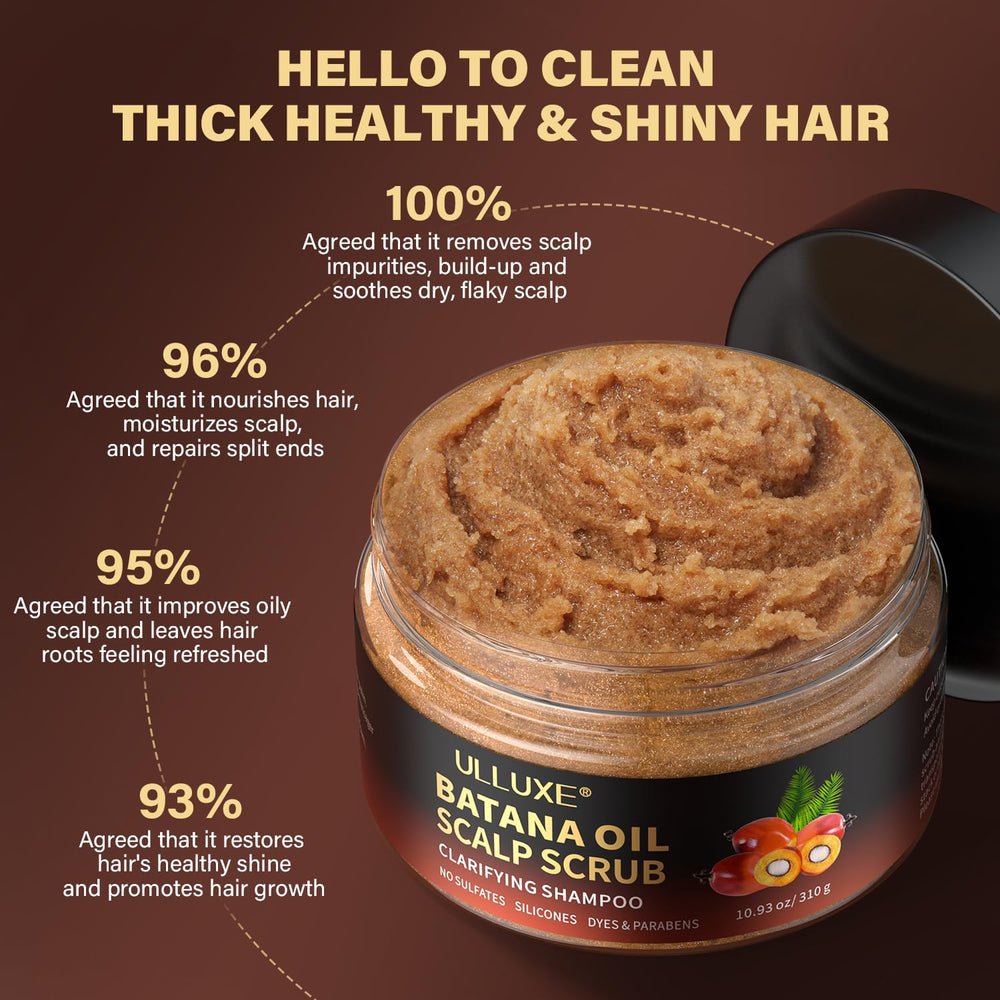 Ulluxe Scalp Scrub clarifying lather demonstrating buildup removal
