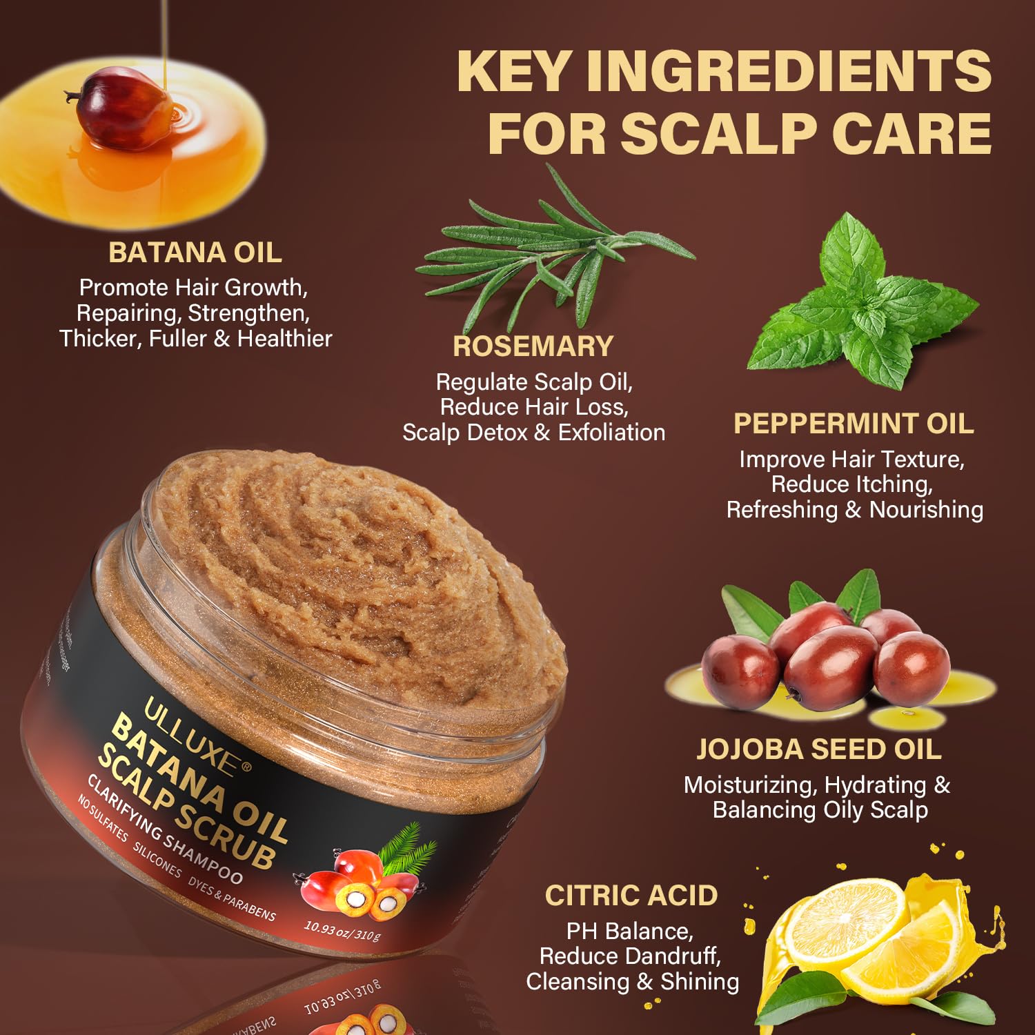 Ulluxe Scalp Scrub peppermint oil detail for cooling tingle and refresh