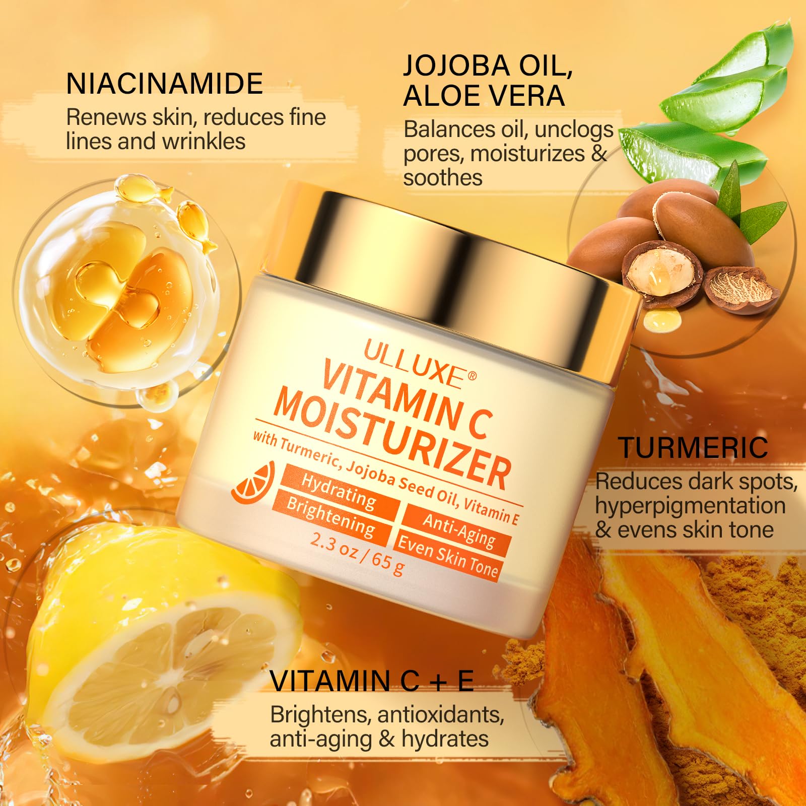 ulluxe vitamin c face moisturizer ingredient panel highlights hyaluronic acid for hydration.
